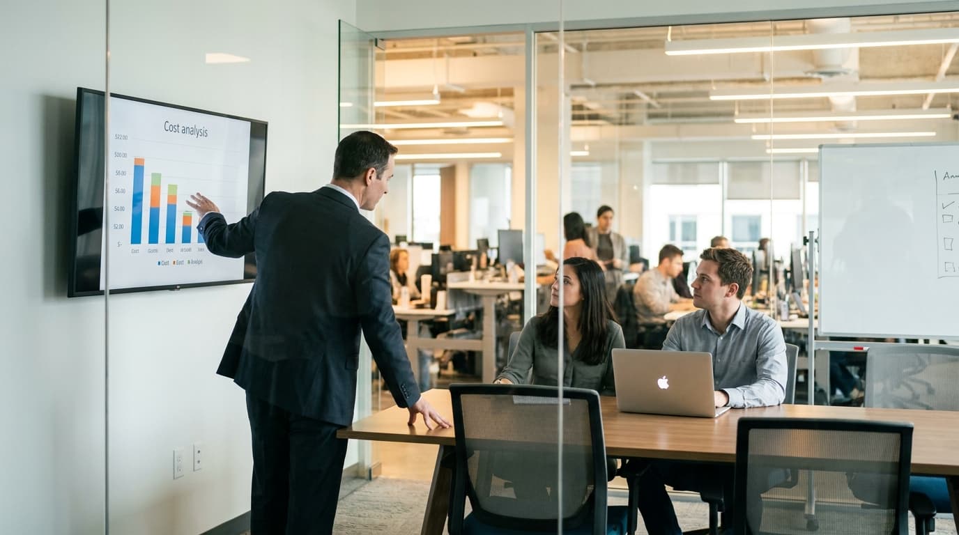 An IT manager and two developers discuss a cost chart on a monitor in a corporate meeting room.