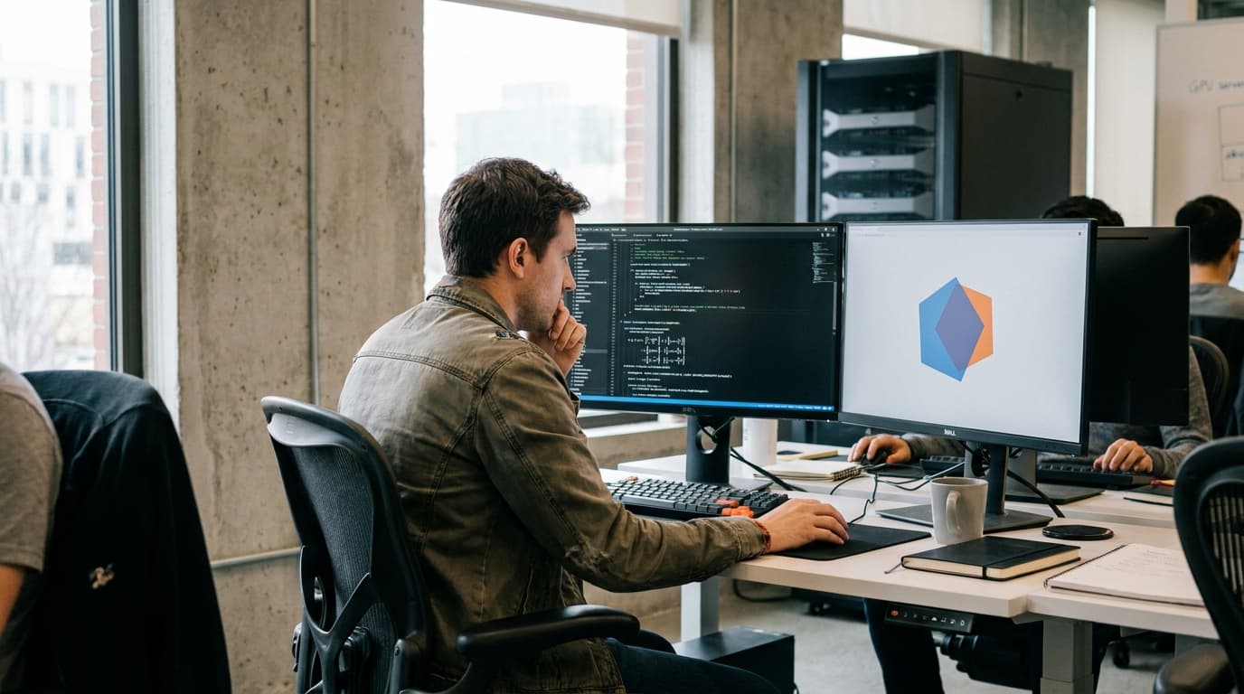 A developer at a desk reviews code and mathematical proofs for a geometry algorithm on their computer screen.