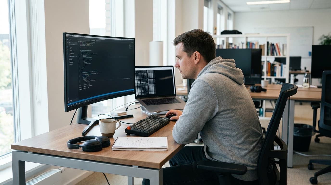 A developer sits at a desk and looks at code on a computer screen while updating a software library.