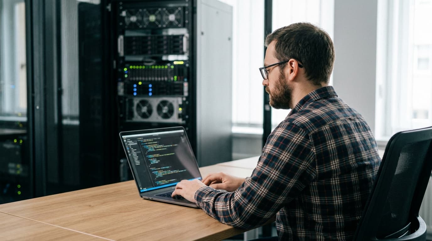 A software developer working on a laptop in a modern office, with a data center server rack out of focus behind them.