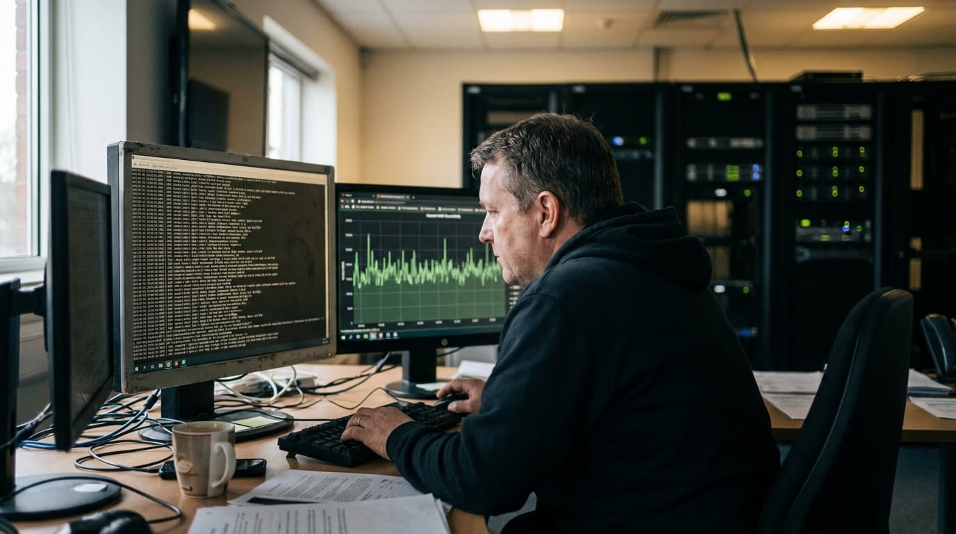 A security analyst sits at a desk in a dimly lit office, examining code and data on multiple computer screens.