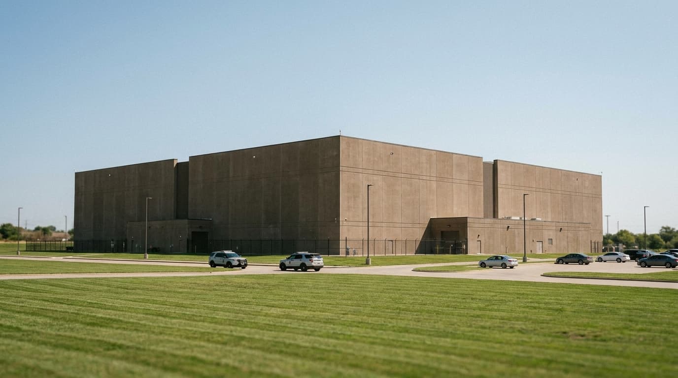 The exterior of a large, modern data center facility on a sunny day.