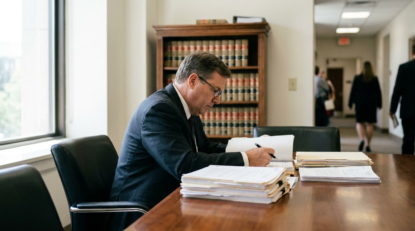 A lawyer sits at a desk in a courthouse, examining legal papers with bookshelves behind them.
