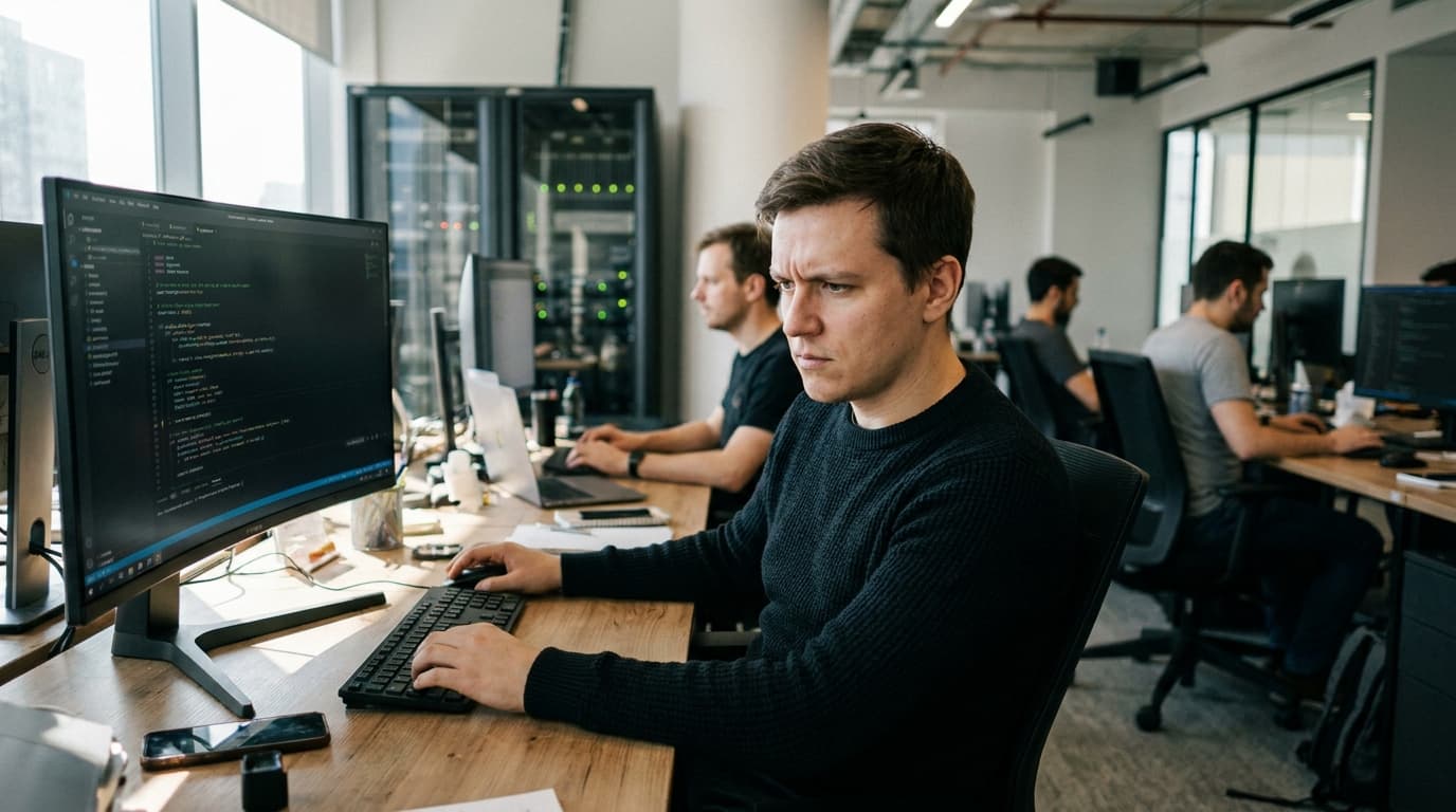 A software developer carefully inspects code on their computer screen in an office setting.