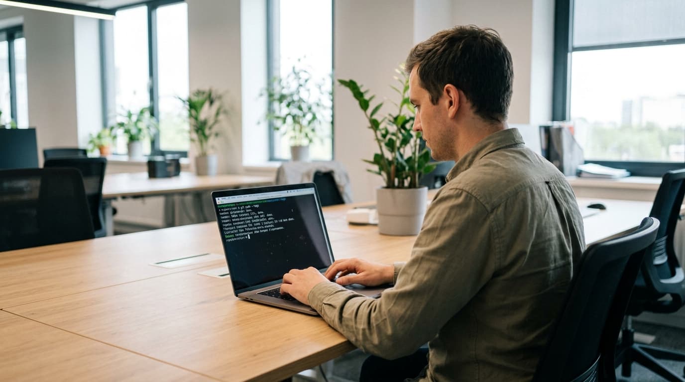 A developer at a desk using a laptop with a command line terminal open to push a Git tag to a repository.