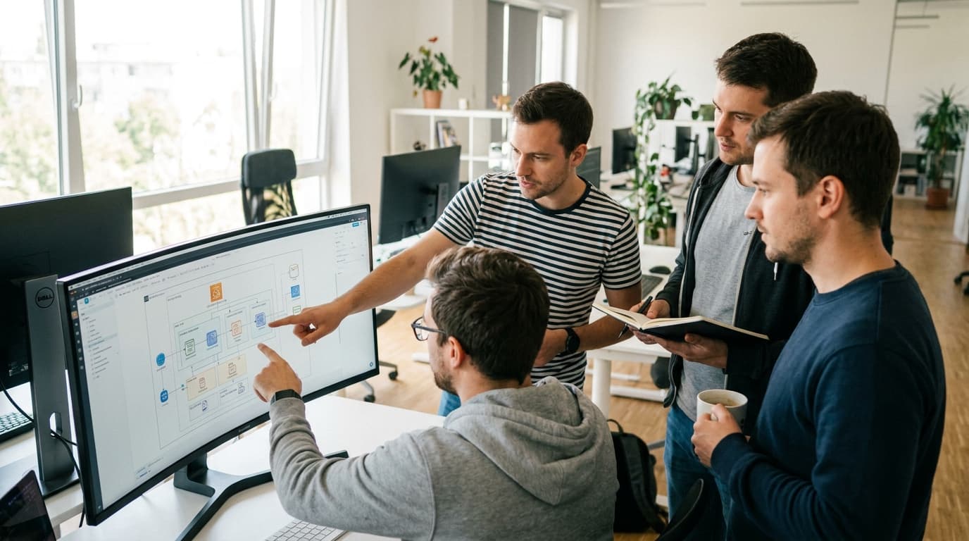A group of diverse software engineers gathered around a large screen in an office, discussing a system architecture diagram.