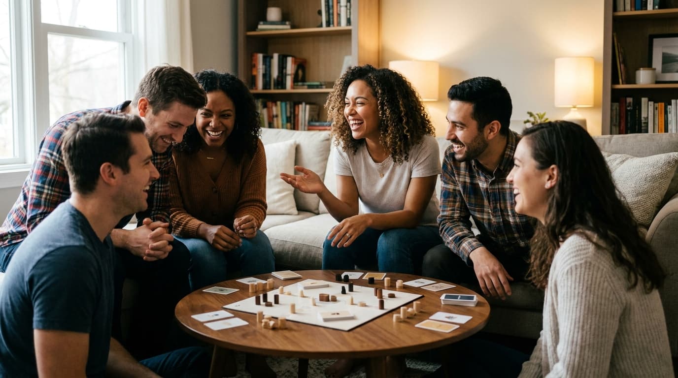A group of friends sits together in a living room, smiling and playing a board game on a coffee table.