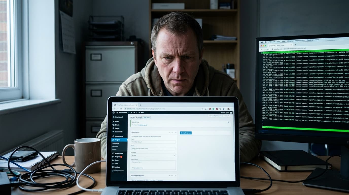 A developer at their desk looks at a WordPress dashboard on a laptop, appearing concerned about a potential security issue.