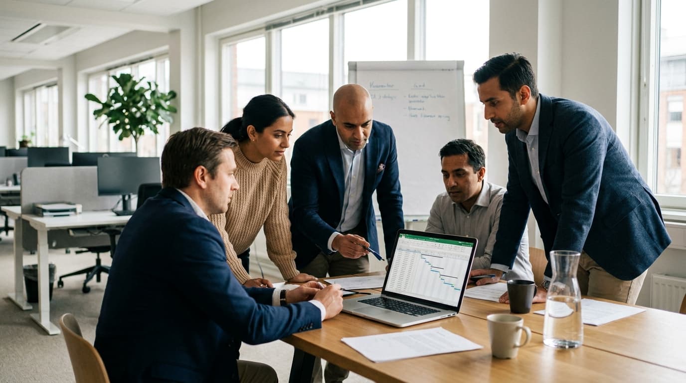 A team of professionals in a meeting room collaborates on an AI strategy document shown on a laptop.