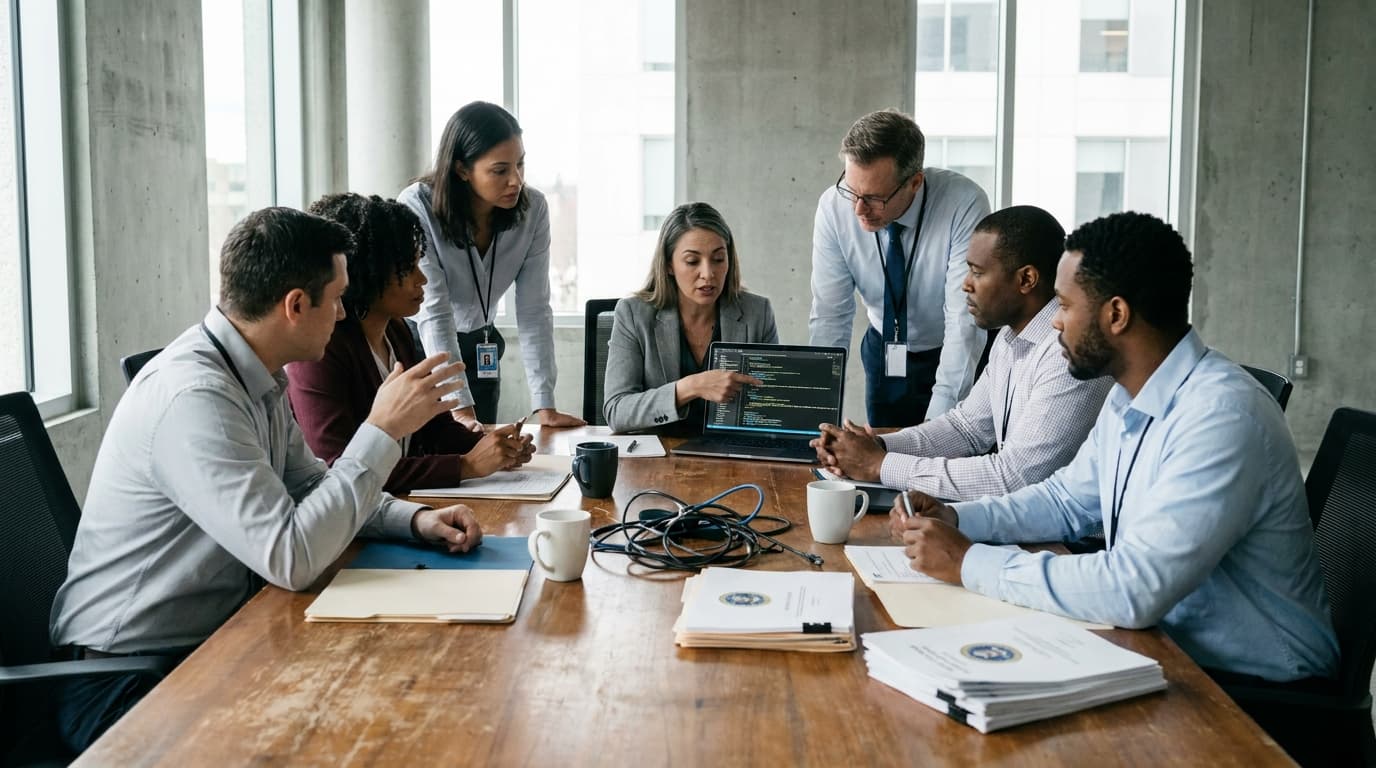 A team of IT specialists collaborates on a project in a modern government office conference room.