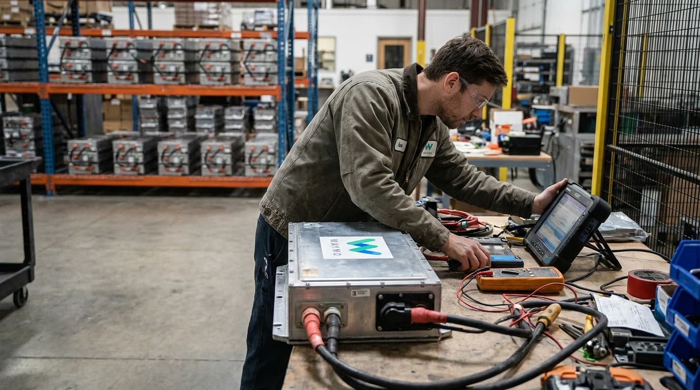 An engineer inspects a used Waymo electric vehicle battery pack in a workshop before it is repurposed for grid energy storage.