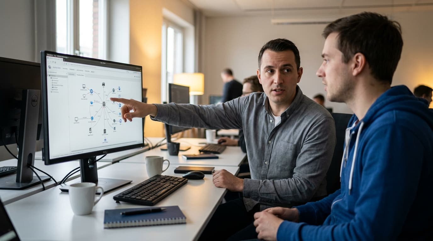 A security analyst and a developer review a diagram of an AI system's architecture on a computer monitor in an office.