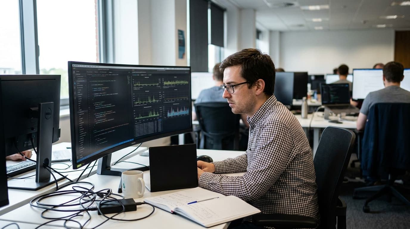 A data engineer analyzes performance metrics on a computer screen in an office.