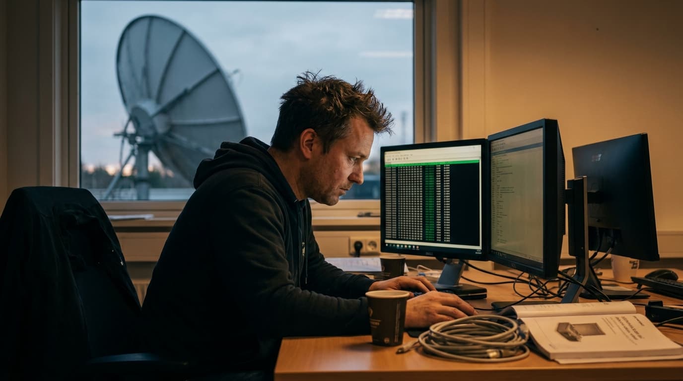A researcher analyzes complex satellite data on a computer screen in an office setting.