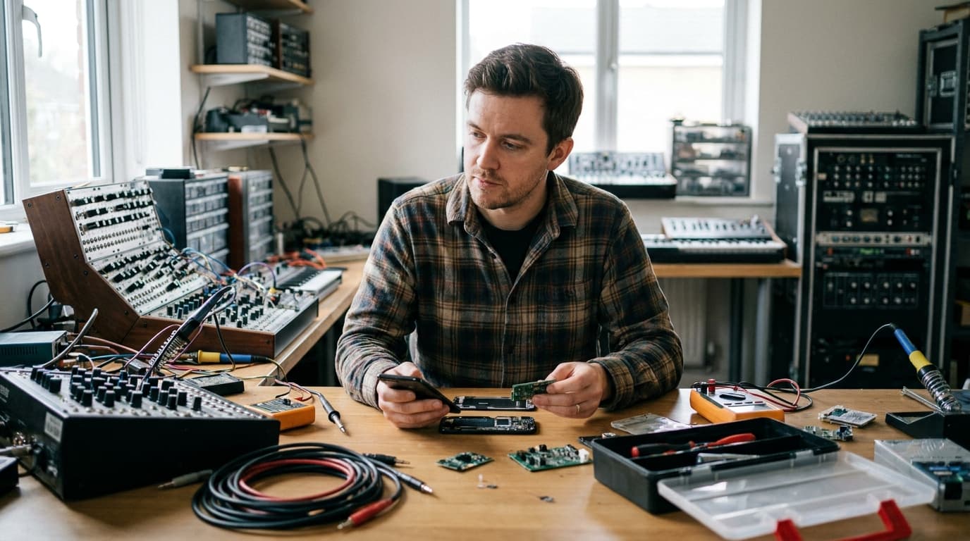YouTuber Benn Jordan examines the internal components of a modern smartphone at his electronics-filled workstation.