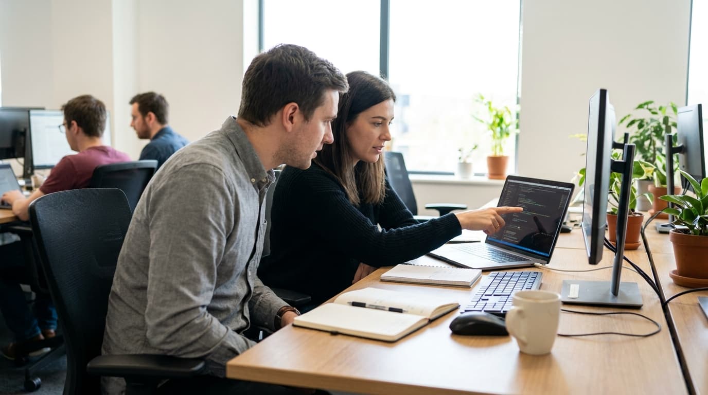 A security engineer and a colleague review code on a laptop in a well-lit office environment.