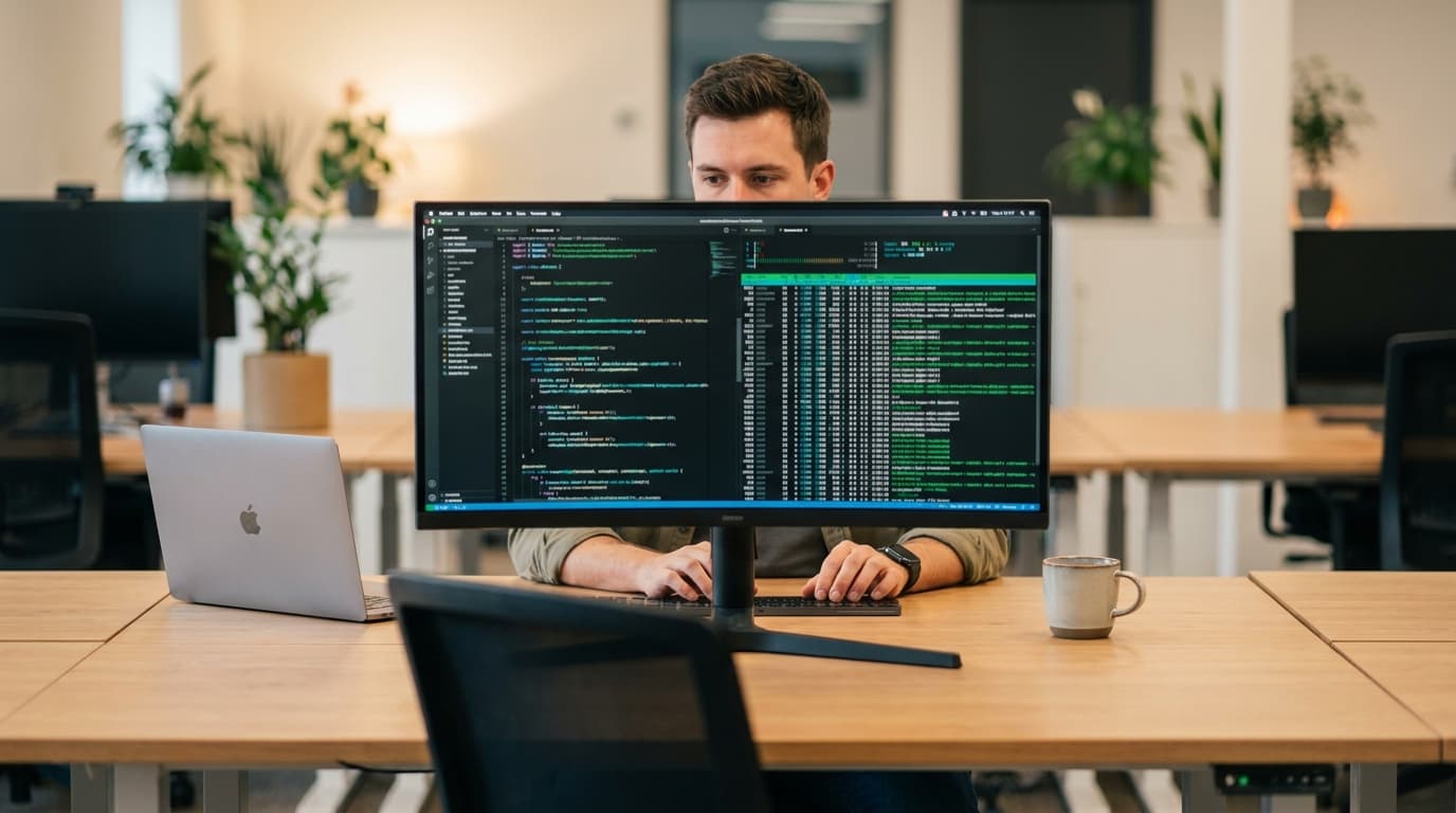 A developer analyzes performance benchmark results for a database on their computer monitor in an office setting.