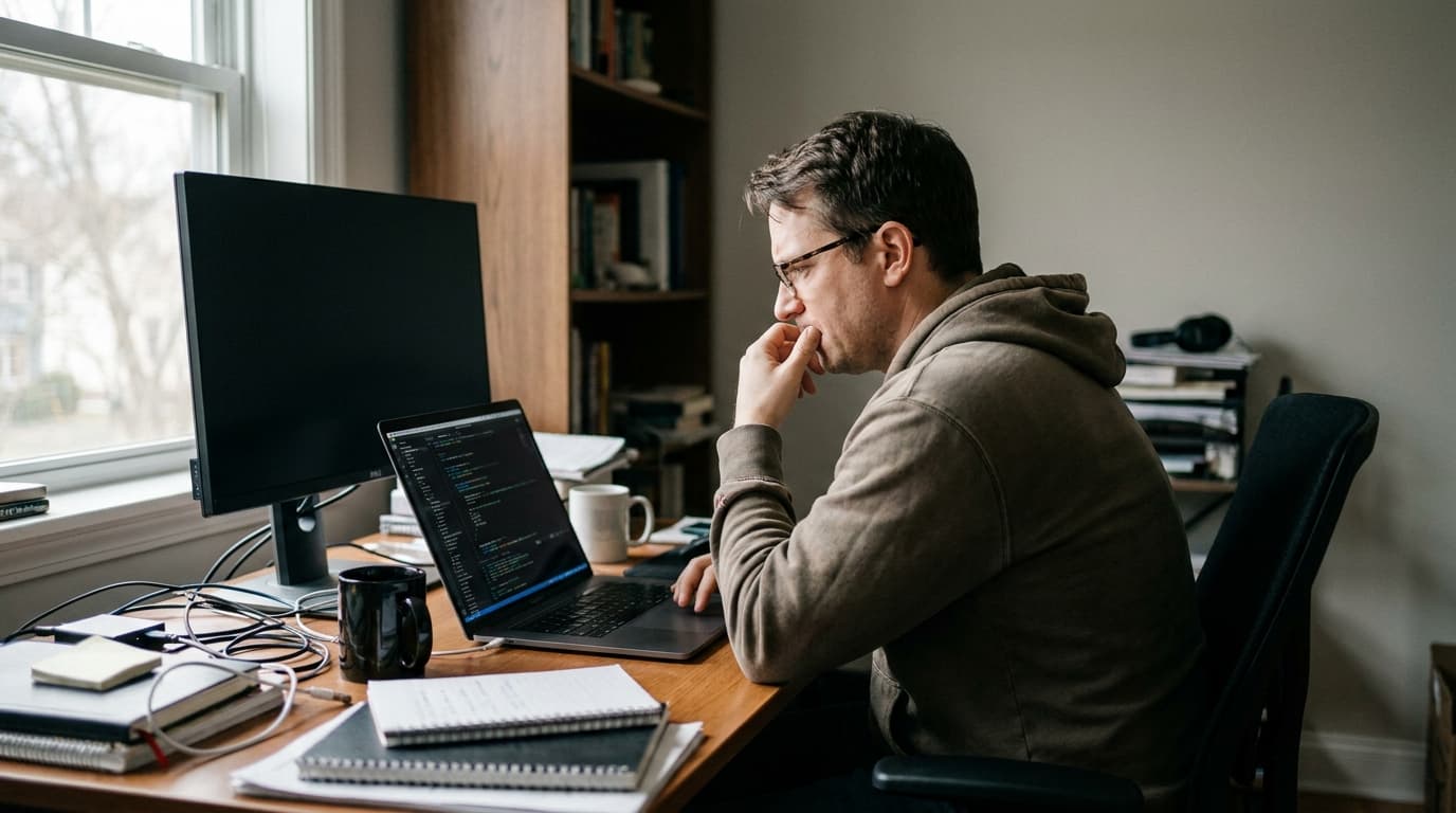 A software engineer with a concerned expression looks at code on a laptop screen in a dimly lit office setting.
