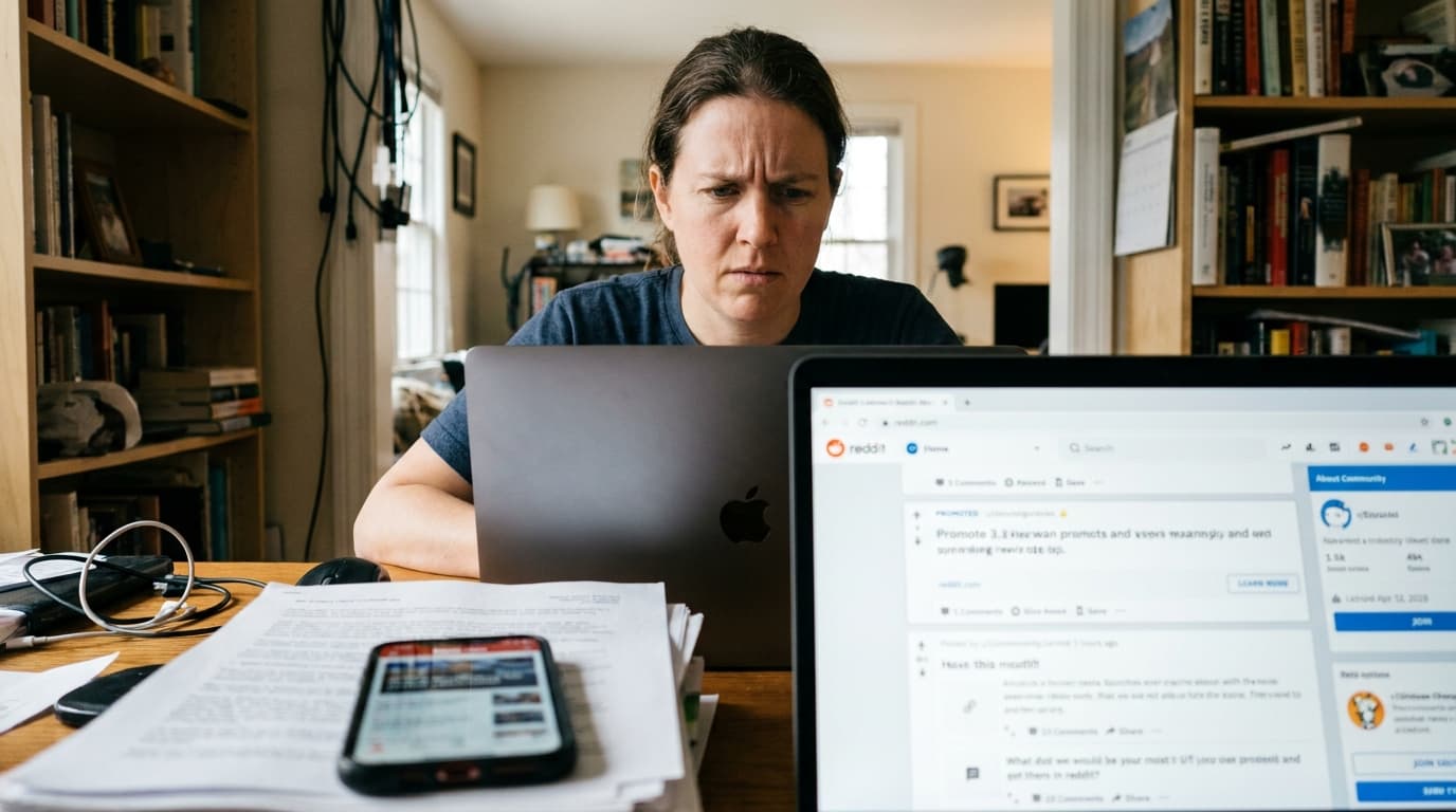 A person sitting at a desk looks at a Reddit ad on their laptop, appearing skeptical about the content.