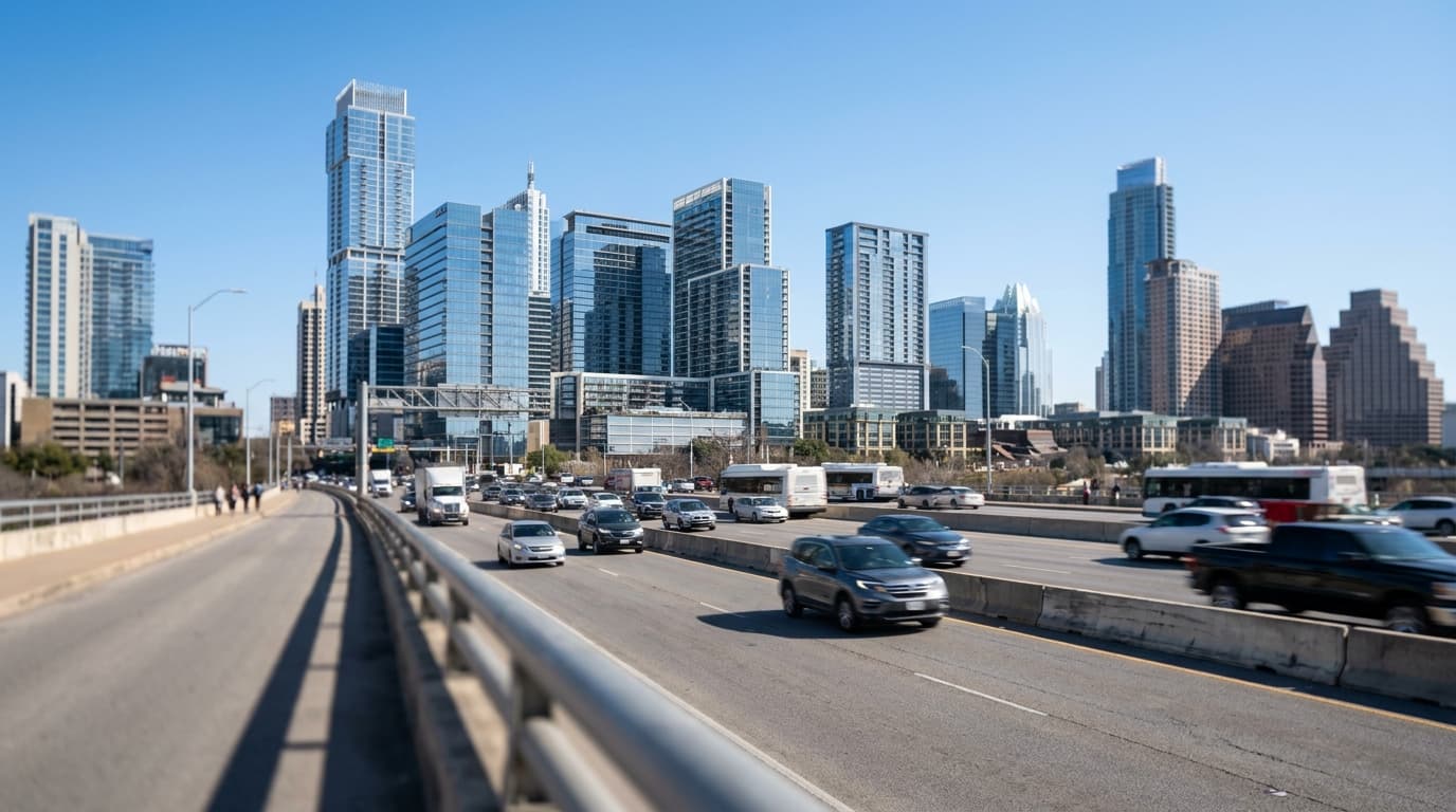 The modern skyline of Austin, Texas, with several prominent skyscrapers under a clear blue sky, viewed from a distance.