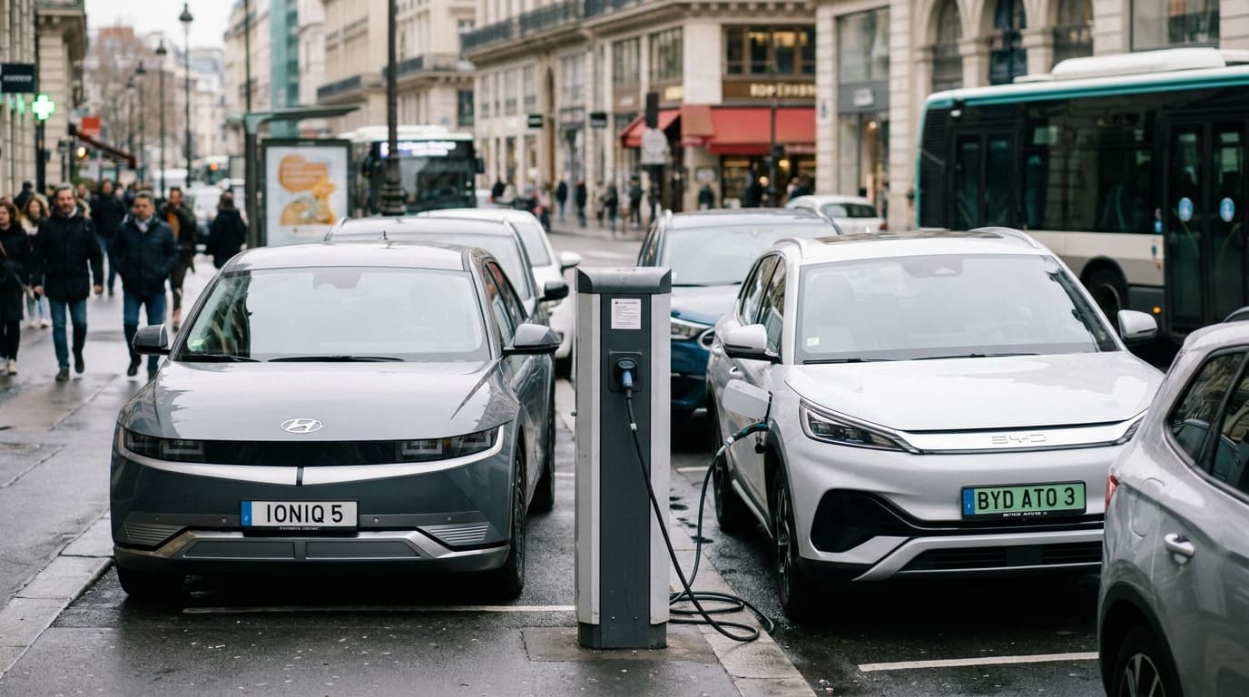 Several different models of affordable electric cars are plugged in and charging at a public station on a city street.