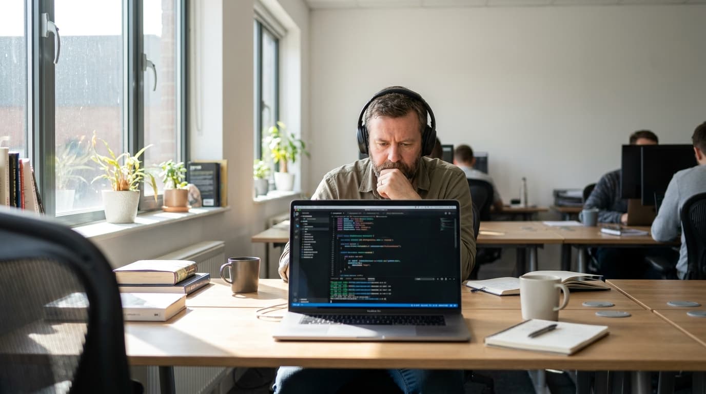 A software developer sits at a wooden desk, working on code within the Visual Studio Code editor on a laptop.