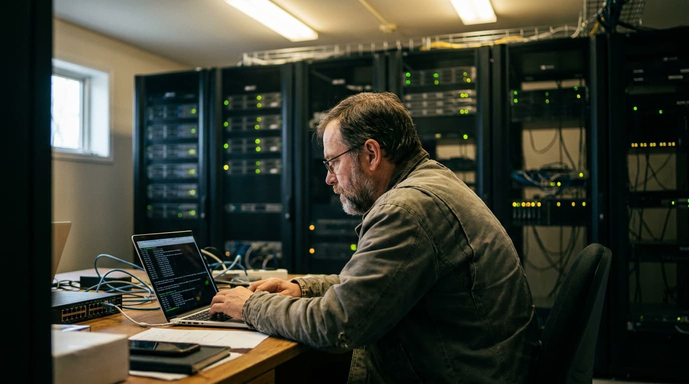 An IT professional works on a laptop in a server room, with rows of computer hardware behind them.