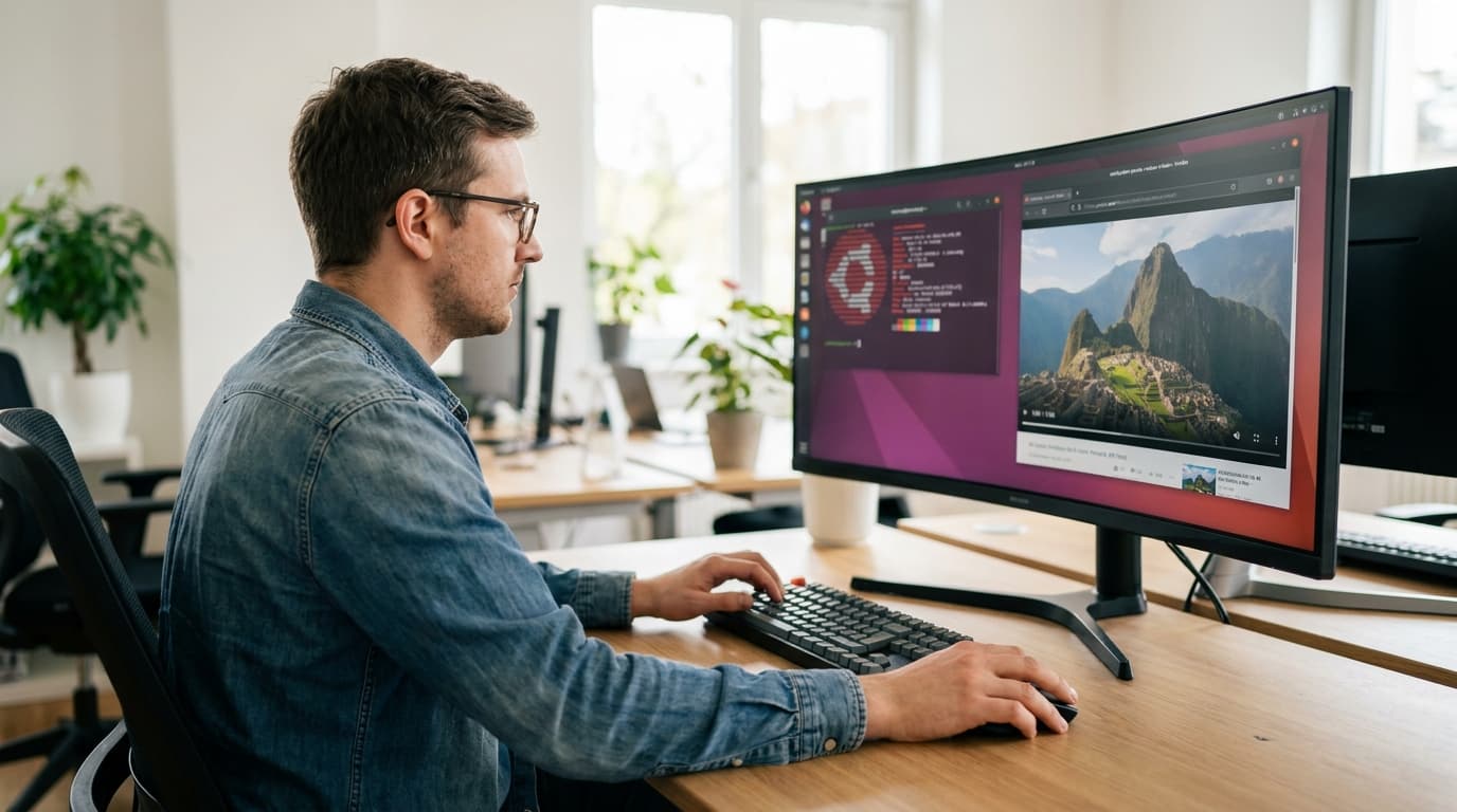 A person working at a computer with the Firefox browser open on a Linux desktop, showing a video playing on the screen.