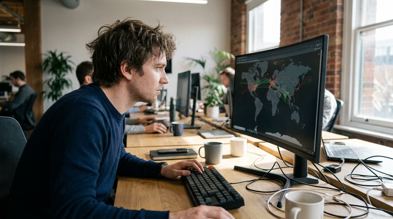 A security analyst sits at a desk in an office, reviewing threat intelligence data on a large computer monitor.