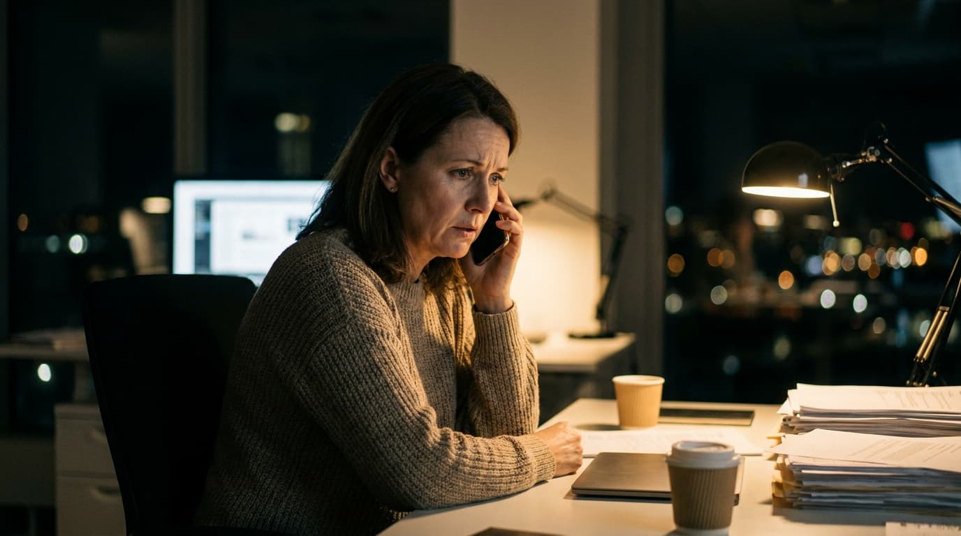 A female tech leader on a phone call at her office desk in the evening, showing the strain of after-hours work.