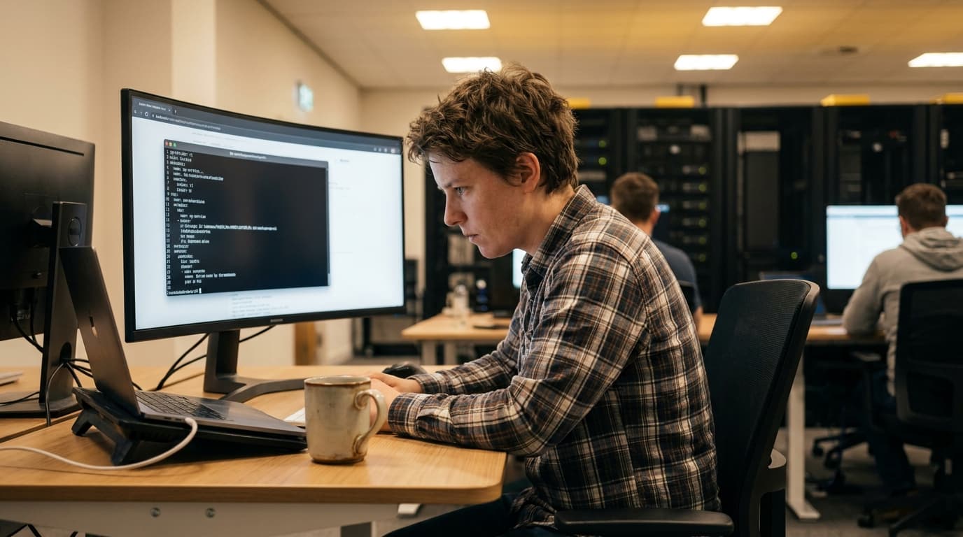 A software developer at their desk writing infrastructure code on a large computer monitor in an office.