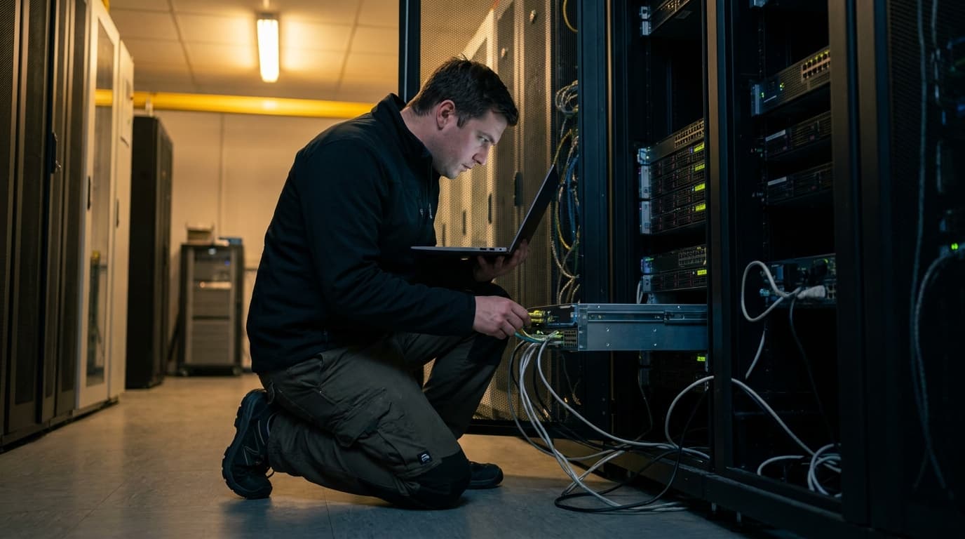 A network engineer works on a laptop in front of an open server rack inside a data center.