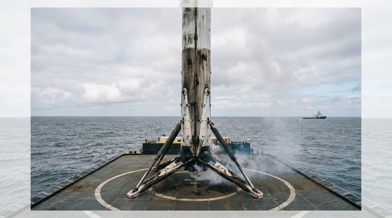A reusable SpaceX Falcon 9 rocket booster stands on a landing platform at sea, its surface darkened from re-entry.