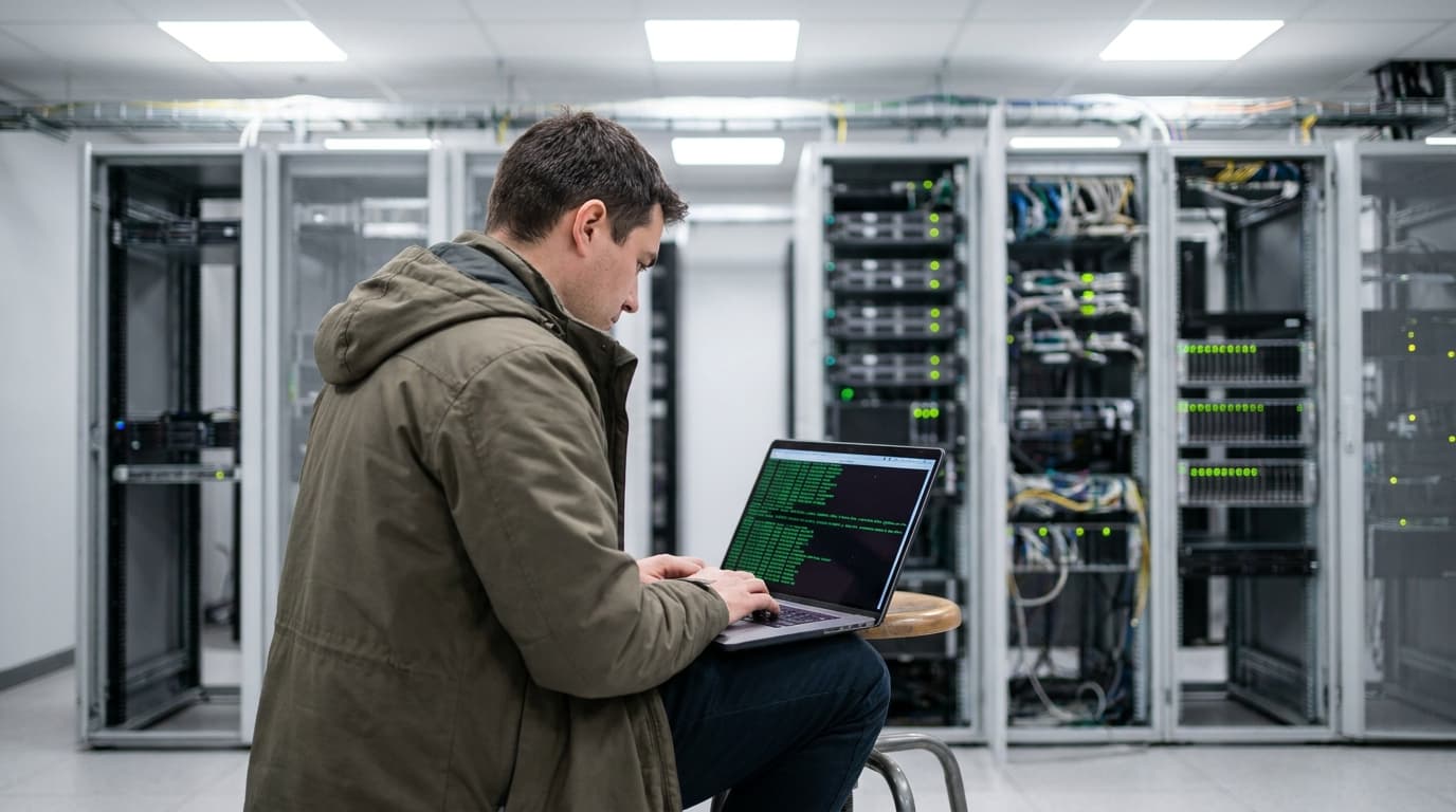 A person working on a laptop in a data center, with server racks visible behind them.