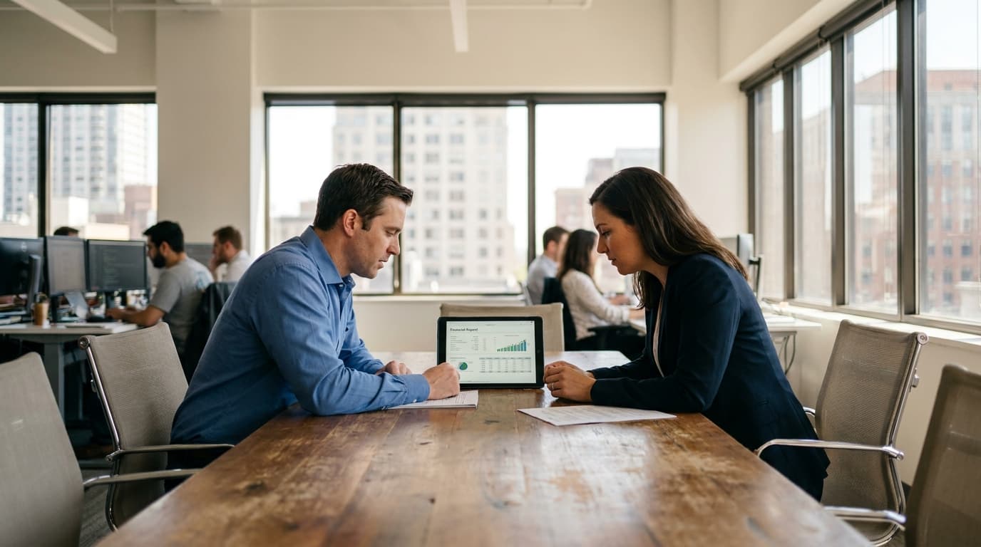 Two business executives in a modern office review a financial report on a tablet computer during a meeting.