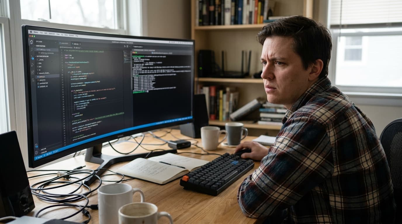 A developer in an office environment reviews Python code on a computer screen, looking concerned about a potential security issue.