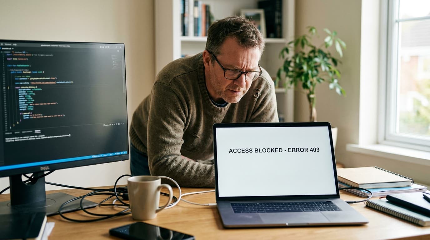 A software developer sits at a desk, looking at an error message on a laptop screen in a dimly lit room.