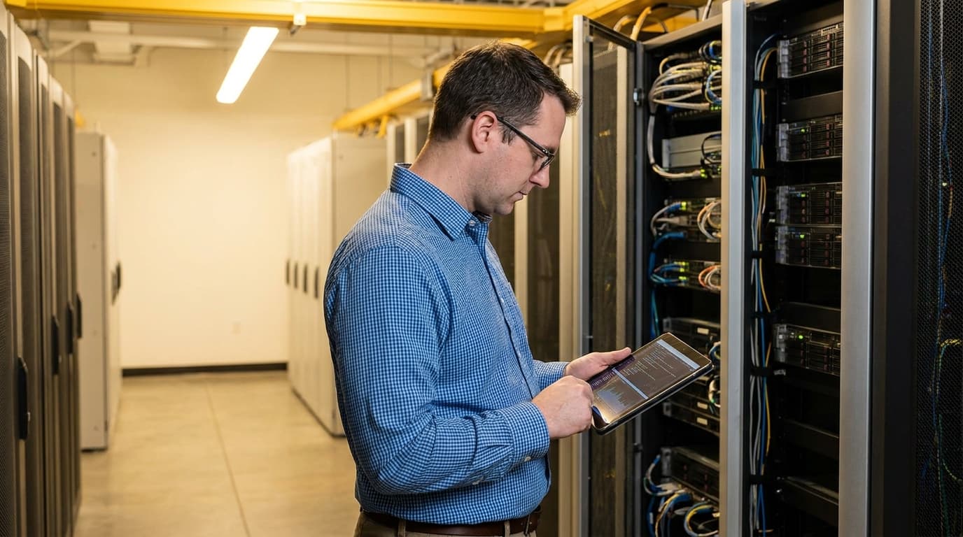 An engineer inspects a server rack in a data center, holding a tablet to monitor system performance.