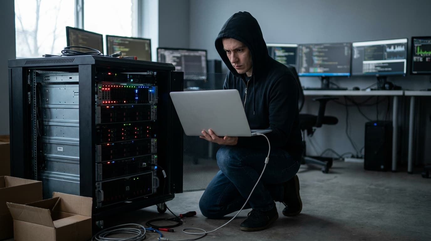 A network administrator works on a laptop in front of a rack of servers in a data center.