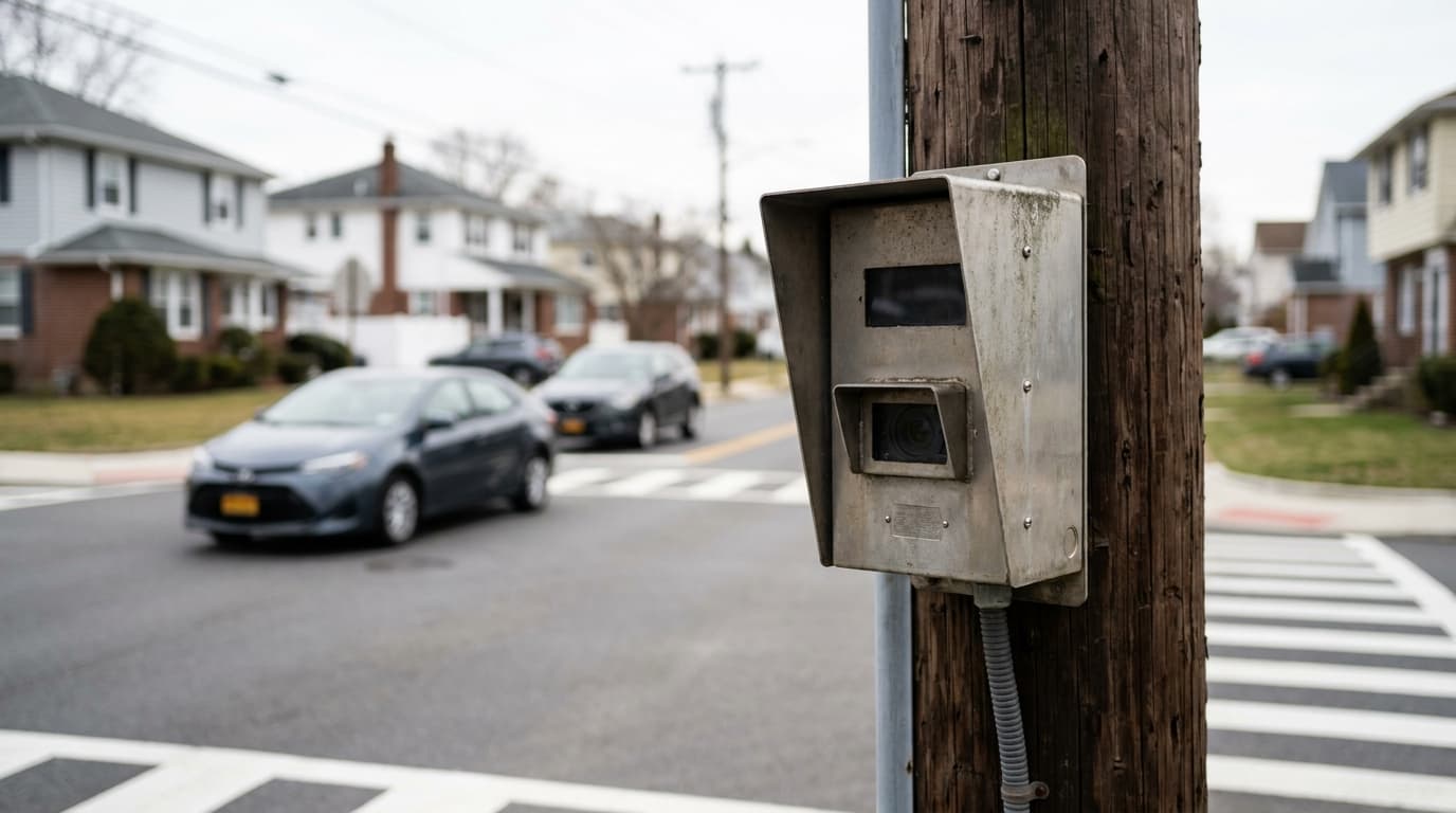 An ALPR camera on a pole overlooks a street with traffic.