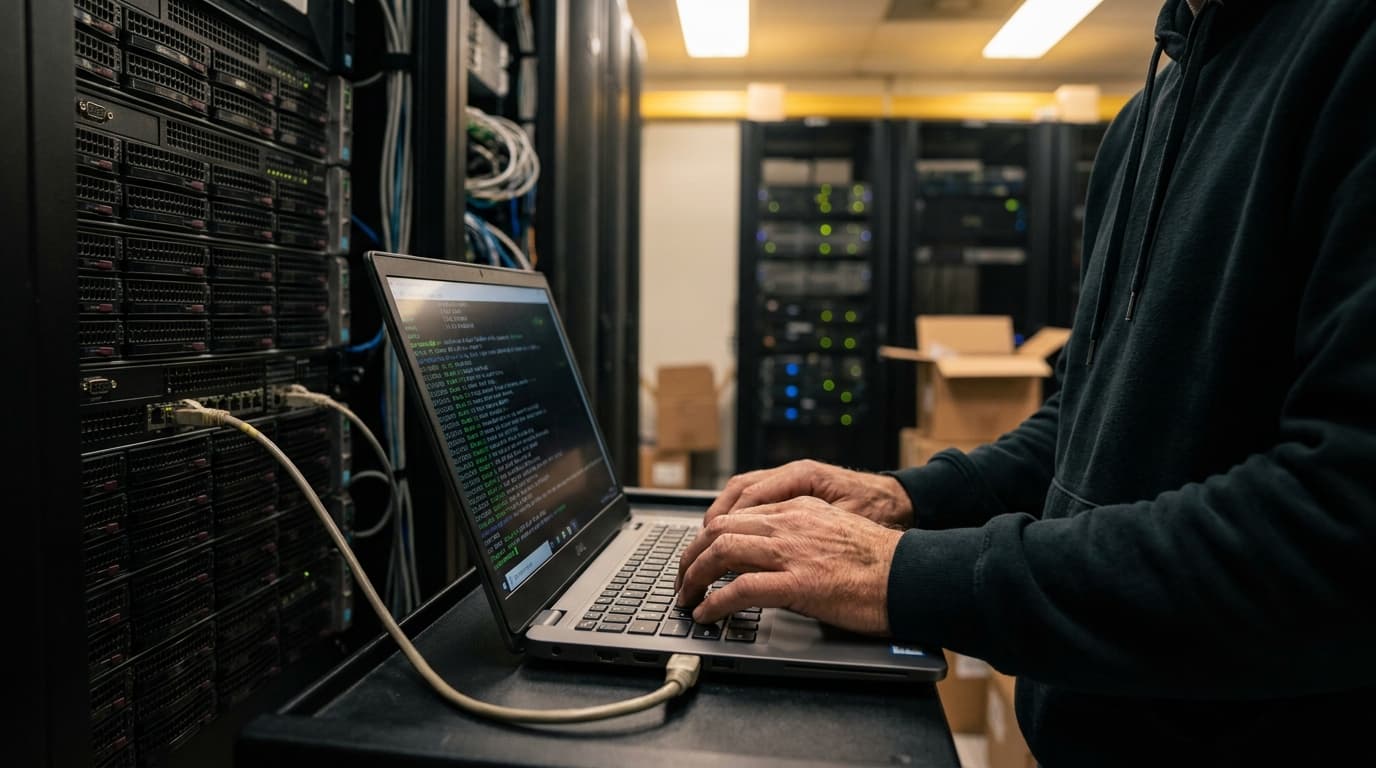 A person in a data center types on a laptop keyboard while managing a server rack in the background.