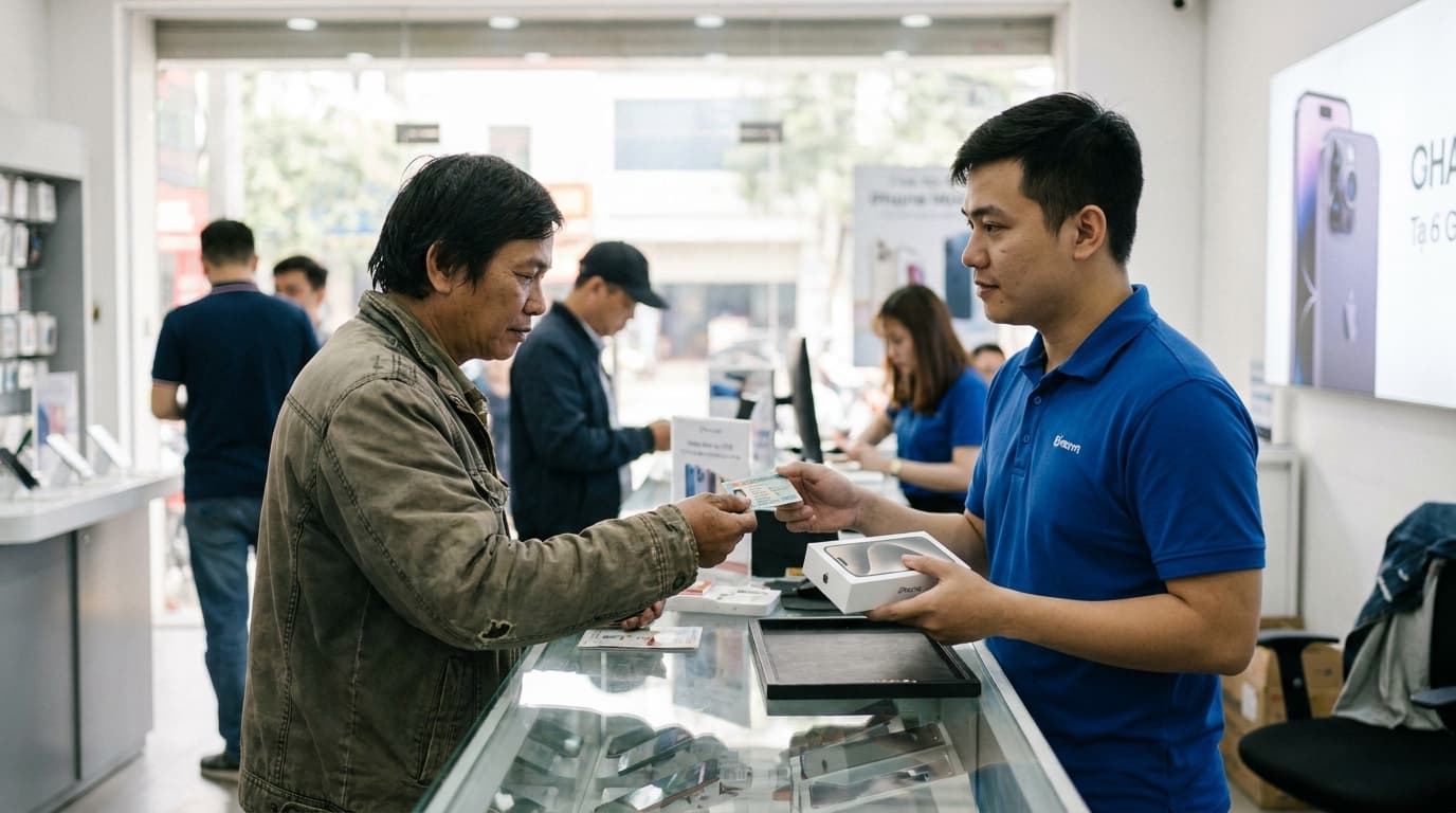 A person provides their ID to a retail worker at a phone store to purchase and activate a new mobile phone service.