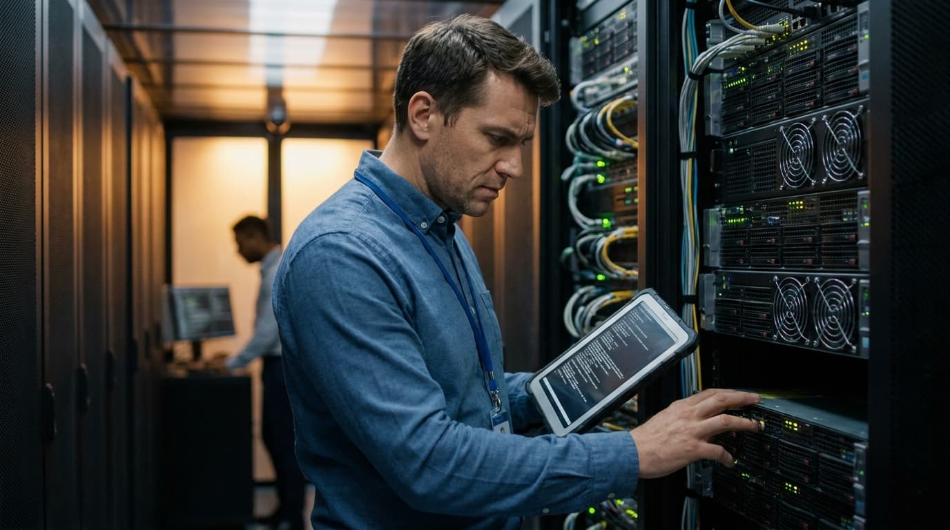 A systems administrator inspects a server rack in a data center while reviewing logs on a tablet.