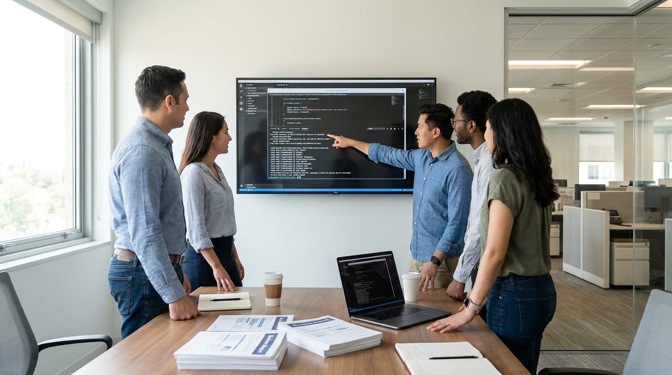 A group of software developers collaborates in an office, looking at code on a large screen while business documents sit on the conference table.