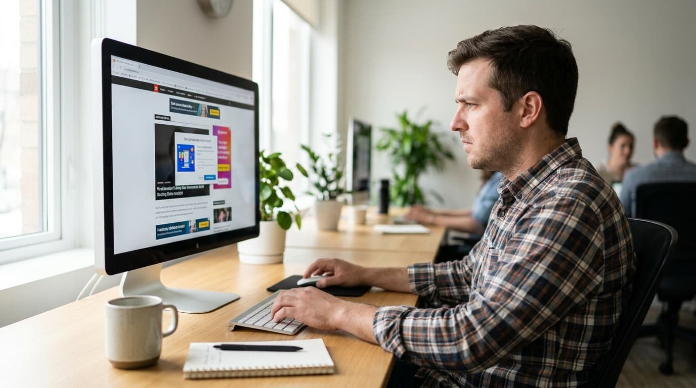 A person at a desk looking at a computer screen filled with online advertisements.