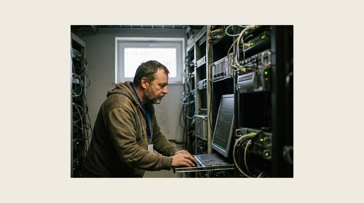 A systems administrator works on a server in a data center, updating legacy infrastructure to apply a security patch.