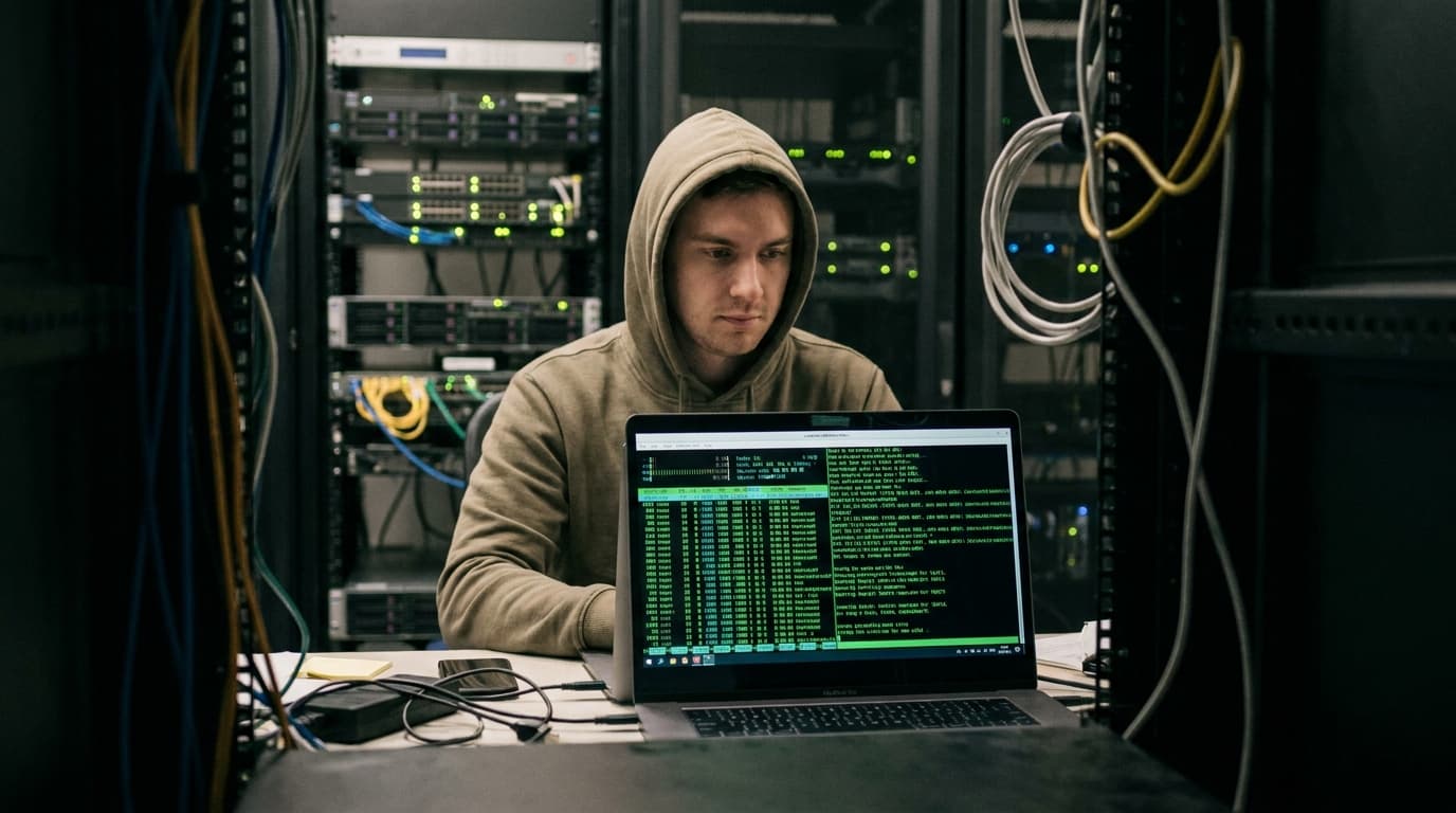 A security engineer works on a laptop in a server room, applying a critical patch to protect the infrastructure.
