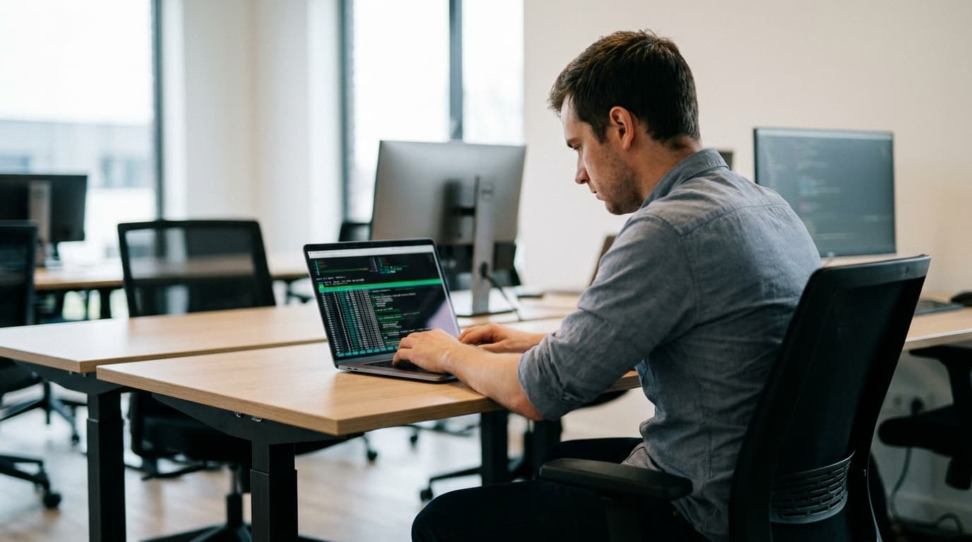 A developer typing code into a terminal on a laptop in a modern office setting.