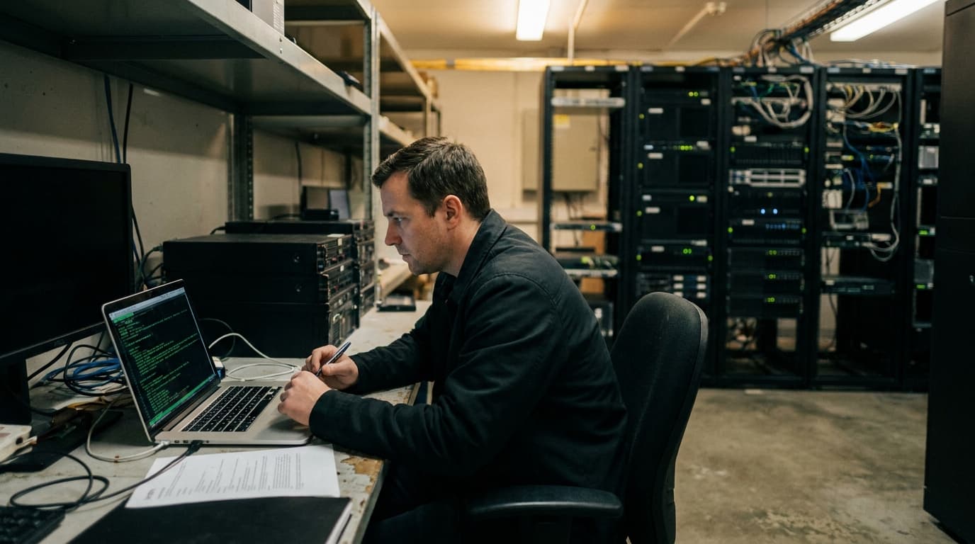 A security team member works on a laptop in a data center, with rows of server racks behind them.