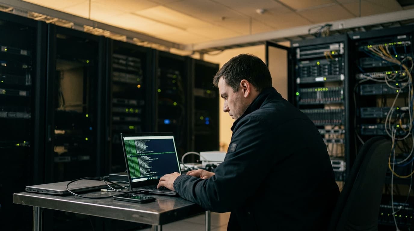 A security analyst works on a laptop in a data center, with server racks visible behind them.